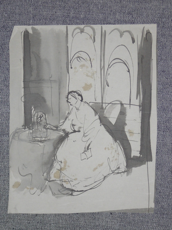 Woman seated at table, with birdcage . .DRA1237