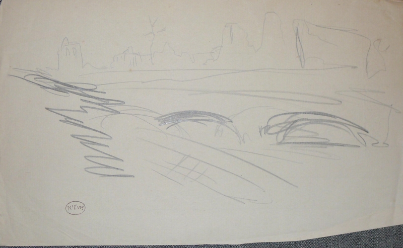Pencil sketch, Bridge in foreground destroyed buildings on skyline.  DRA/400