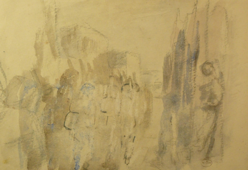 Watercolour, soldiers in town. DRA/357