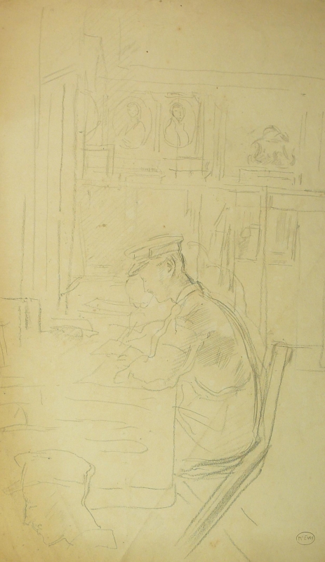 Pencil drawing, officer in billet, paintings on the wall.    DRA/364