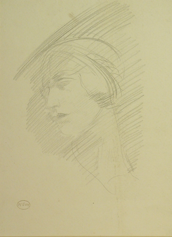 Cloche hat: Portrait of a woman in profile, pencil sketch.