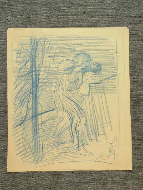 Blue pencil figure, hands to head (Lot's wife?)