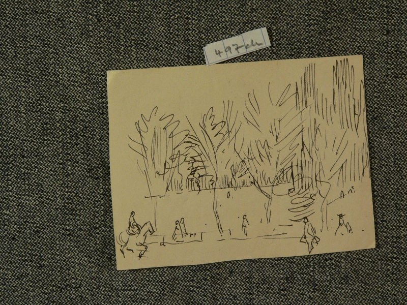 497ch Ink sketch, people in park, horse