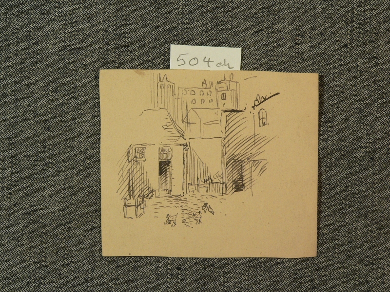 Ink sketch, London scene, chickens and cobblestones