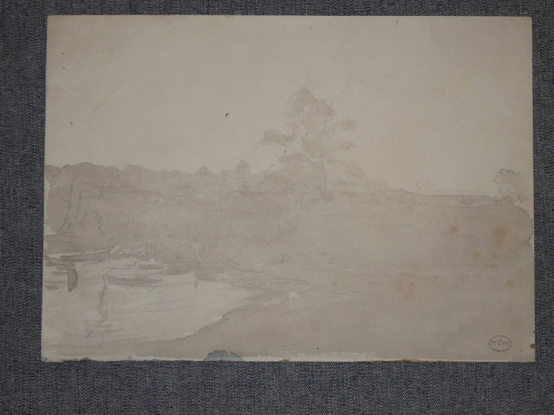 Watercolour landscape with tree pond in foreground.     Dra/266