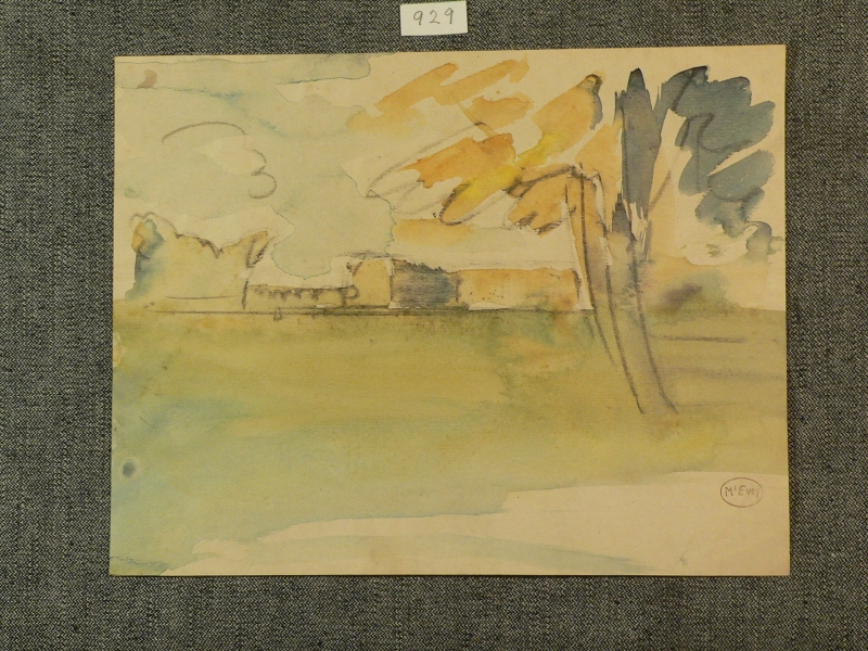 Watercolour landscape, buildings and tree,