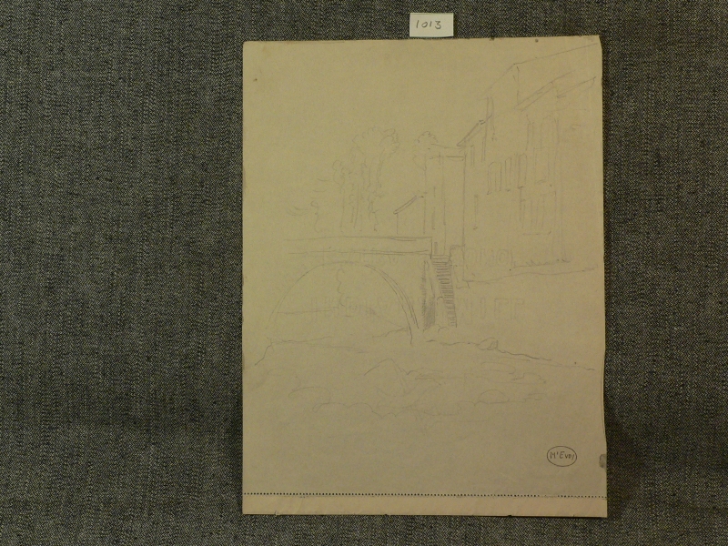 Pencil townscape with foot bridge & steps.