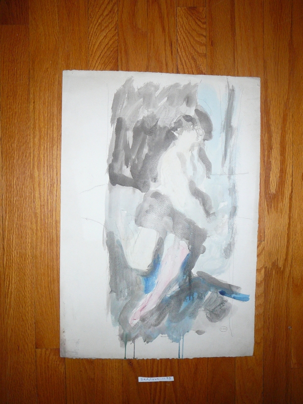 Watercolour  and pencil sketch of a lady on a stool