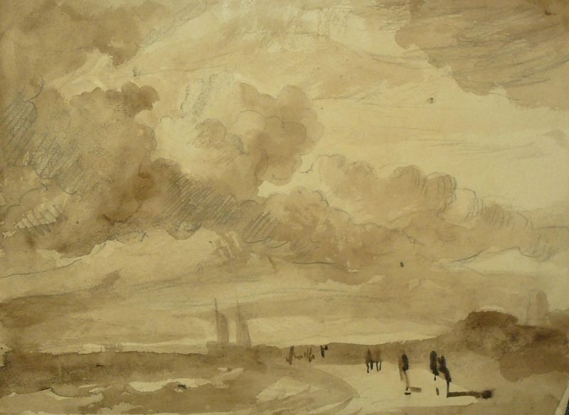 Seaside landscape, heavy clouds, bright sun.